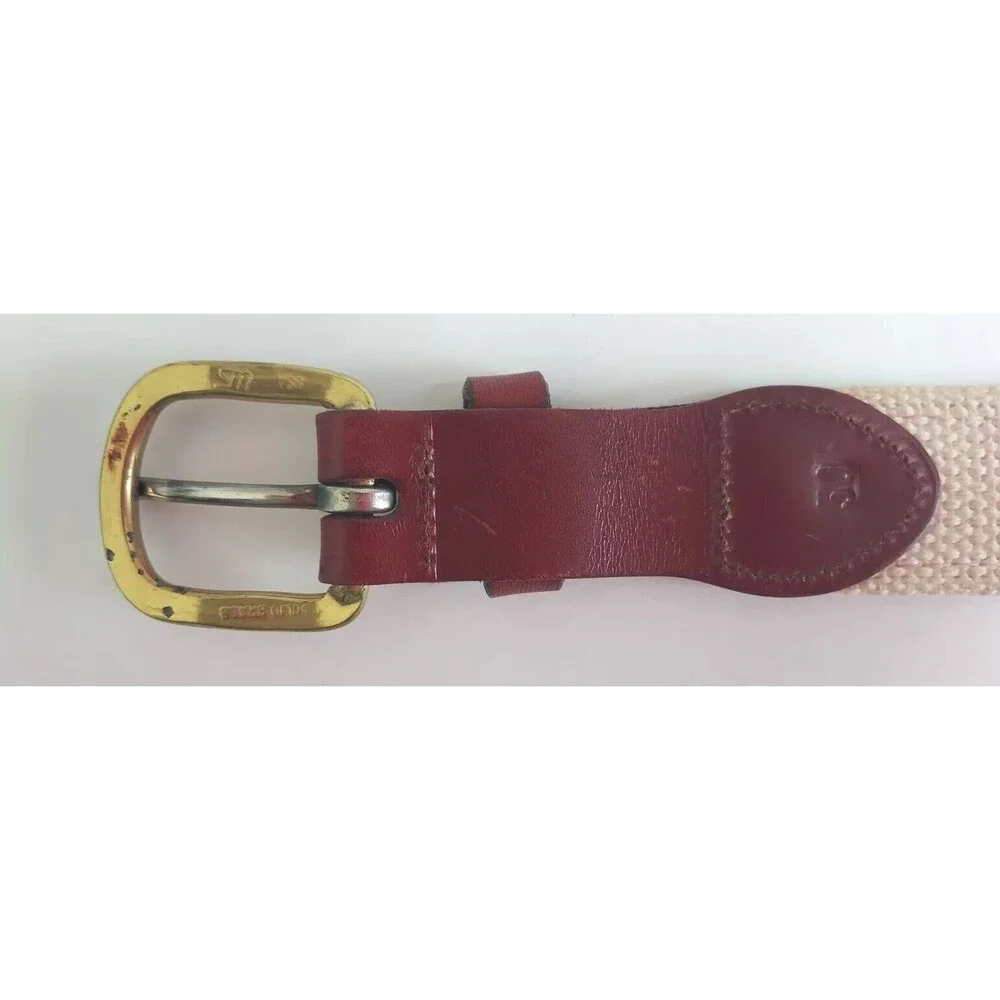 Leather Man LTD Essex CT Belt Men’s 30 Tan Canvas Navy Fish Brown Leather USA
